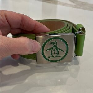 Penguin Green Leather 1.5” wide Belt with Silver Clamp Logo Buckle
